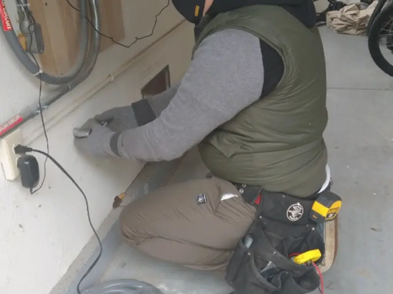 Electrician performing outlet wiring in a Coshocton garage